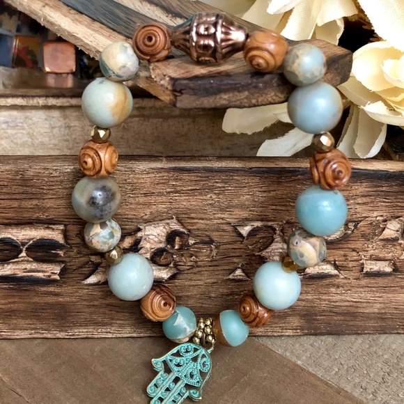 Hamsa Bracelet w/ Matching Earrings African Opal - Picture 5 of 7